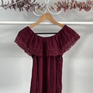 thrifted maroon off-shoulder top