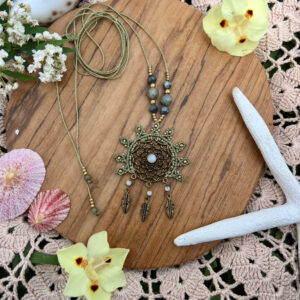 mint macrame dreamcatcher necklace with labradorite and moonstone