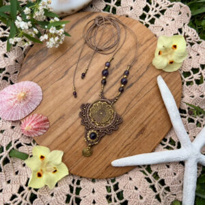 Amethyst macrame necklace with brass pendant