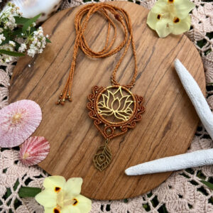 brass lotus and peacock macrame necklace
