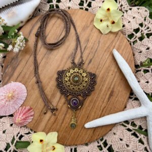 Labradorite and amethyst brass mandala macrame necklace
