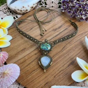 moonstone and paua shell ocean inspired macrame necklace