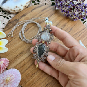 moonstone and rutilated quartz macrame necklace