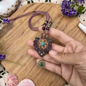 amethyst and malachite mandala macrame necklace