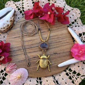 scarab amethyst macrame necklace